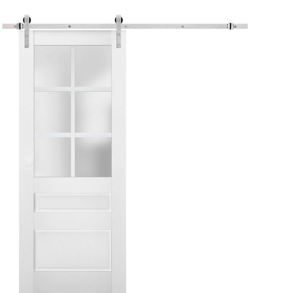 Sturdy Barn Door Frosted Glass | Veregio 7339 White Silk | 6.6FT Rail Hangers Heavy Hardware Set | Solid Panel Interior Doors-36" x 96"-Silver Rail