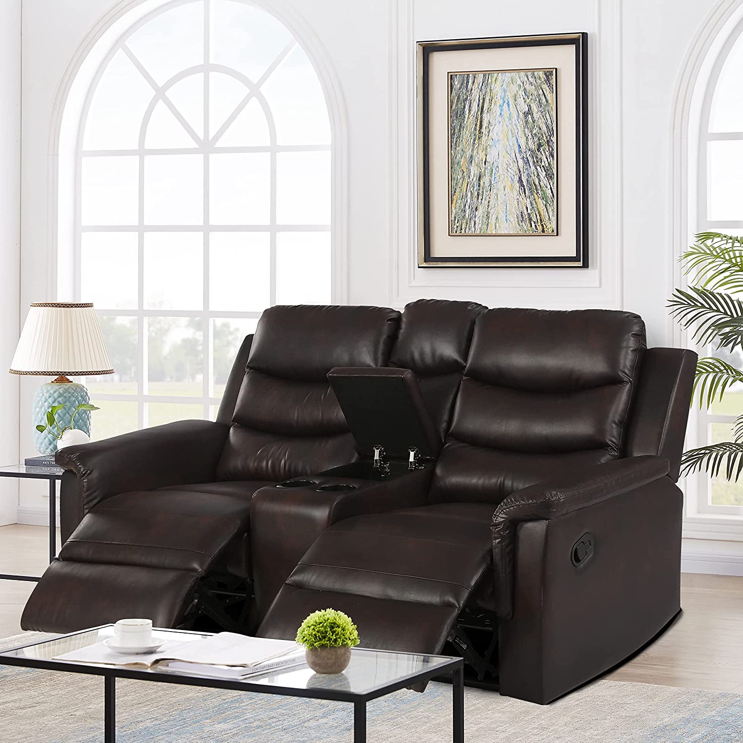 Sofa PU Leather Recliner Loveseat with Console Slate Sofa