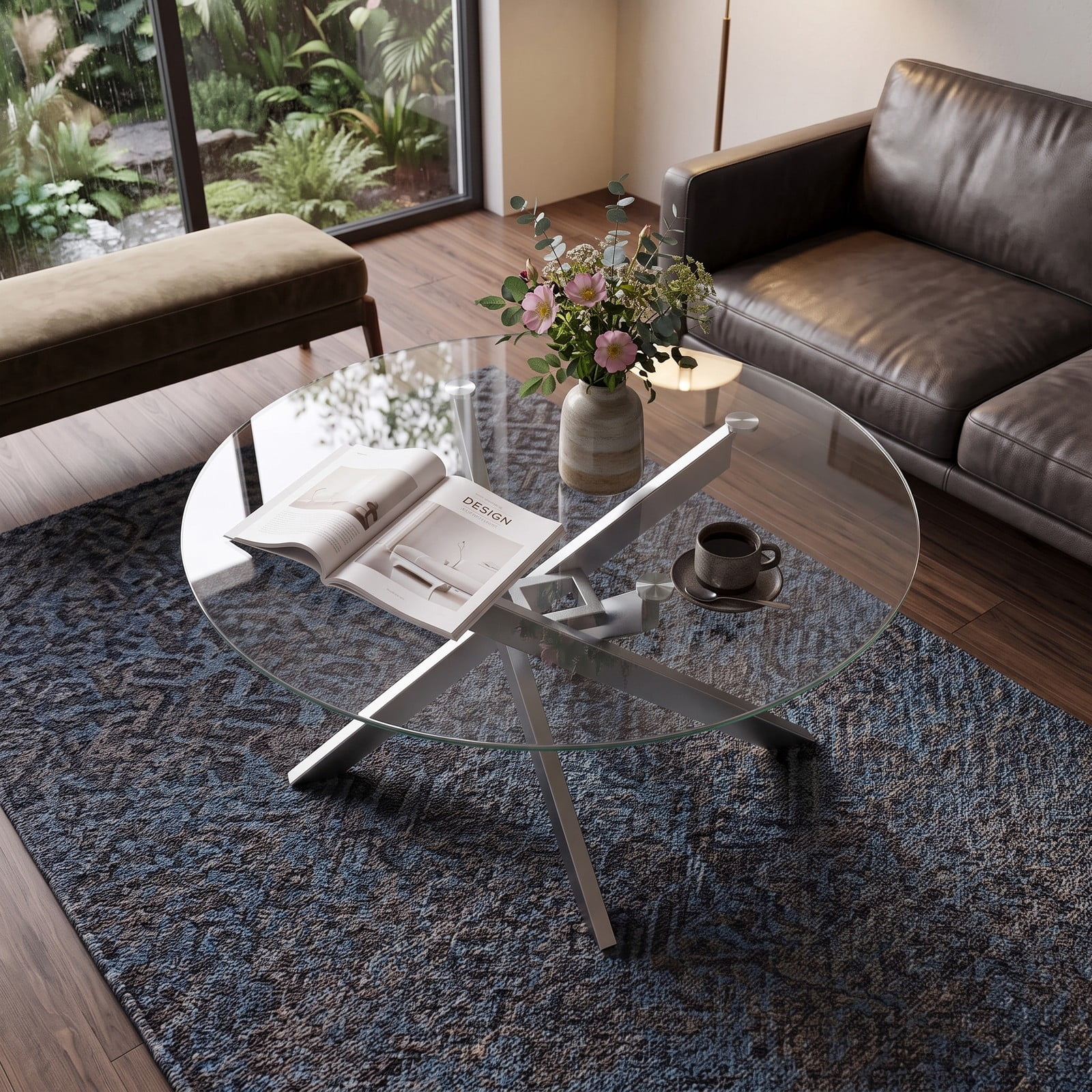 Furnibear Round Glass Coffee Table, Modern Tempered Glass Top Center Table with Geometric Metal Frame for Living Room, Adjustable Foot Pads, Clear & Silver