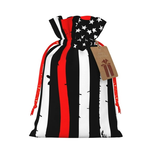 Fuzoiu Firefighters USA Flag Print Christmas Gift Bag,Burlap Gift Bag with Drawstring Closure & Hang Tag,Perfect for Holidays, Birthdays, and Special Occasions-Small