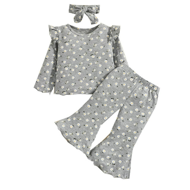FAROOT Ensemble de Survêtement 3 Pcs pour Filles, Chandail à Imprimé Floral + Pantalon Évasé + Bandeau