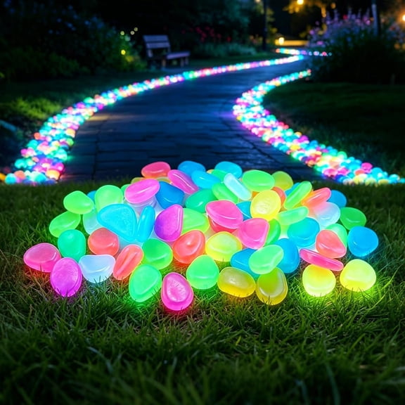 2026 New Colorful Glow-in-the-Dark Garden Stones, Glow Pebbles for Outdoor Garden Night Guide, Glow in The Dark Stepping Rocks Outdoor Landscaping for Driveway Walkway