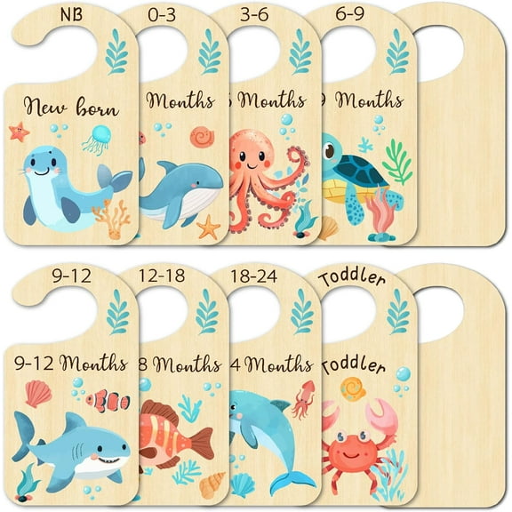 1 Set Wooden Baby Closet Divider Hanging Organizer Signs Marine Organism 180x100x2.5mm 10pcs/set
