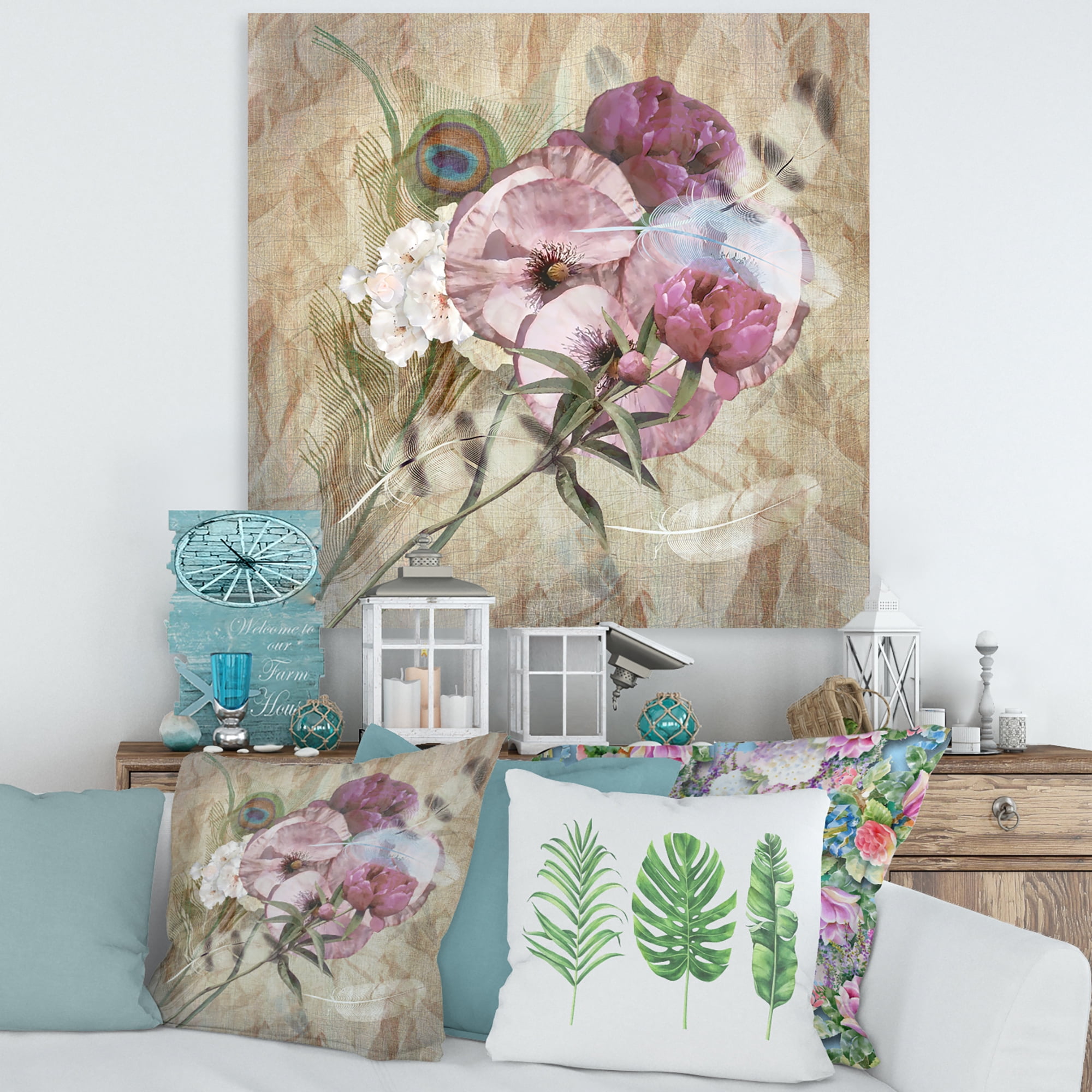 Designart ' Iris Bouquet Floral Design With Peacock Feather ' Traditional Canvas Wall Art Print