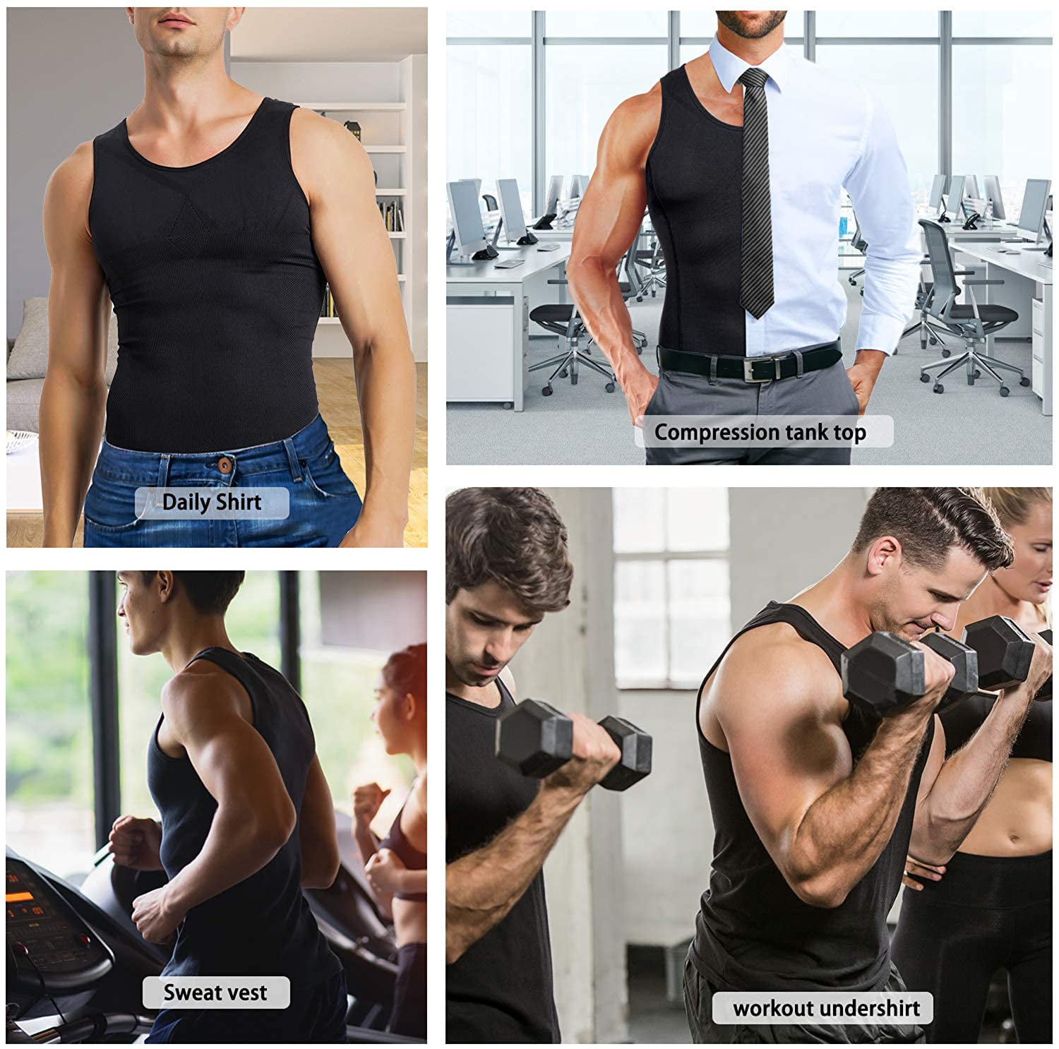 Molutan Mens Compression Tank Top Body Shaper Slimming Shirt Tummy Control  Shapewear Vest Waist Trainer Undershirt(Black, XSS)