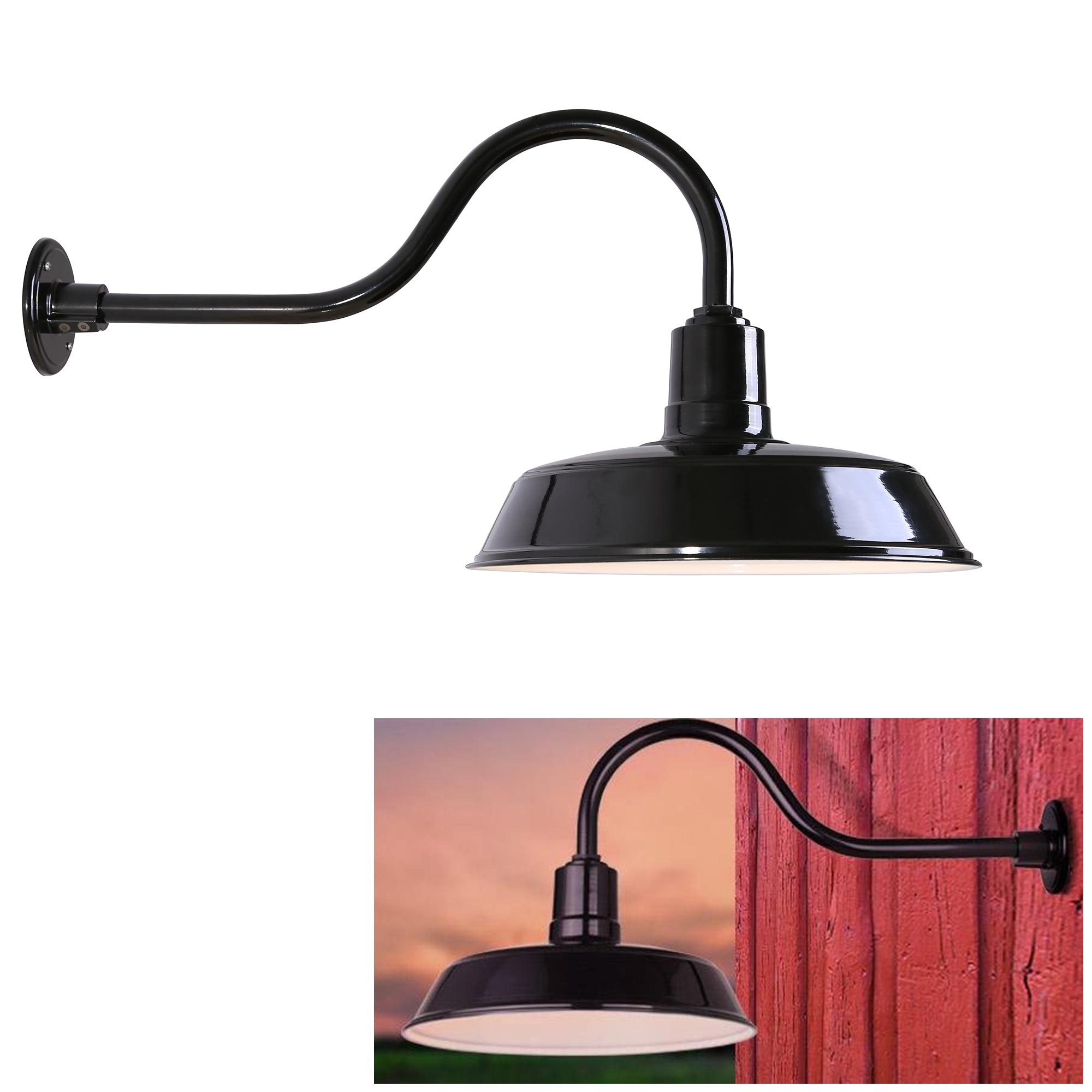 Exterior Outdoor Barn Light Fixture Farmhouse Industrial Vintage Gooseneck Sconce Aluminum 16 Shade Glossy Black