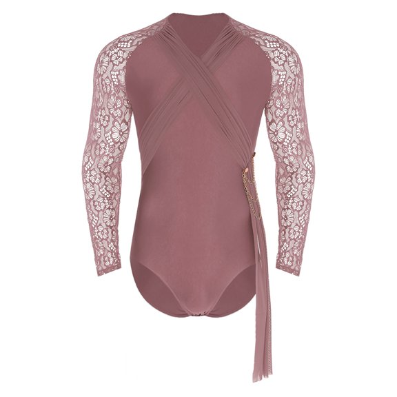 Aislor Men's Latin Dance Bodysuit Floral Lace Long Sleeve Leotard with Drape & Chain Tassel for Ballet Dusty Pink XL
