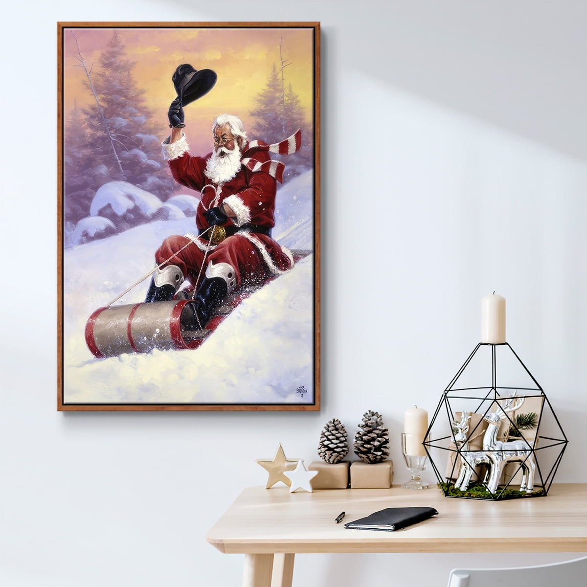 Here Comes Santa - Framed Gallery Wrapped Holiday Canvas - 17 x 25 - Rosewood Frame