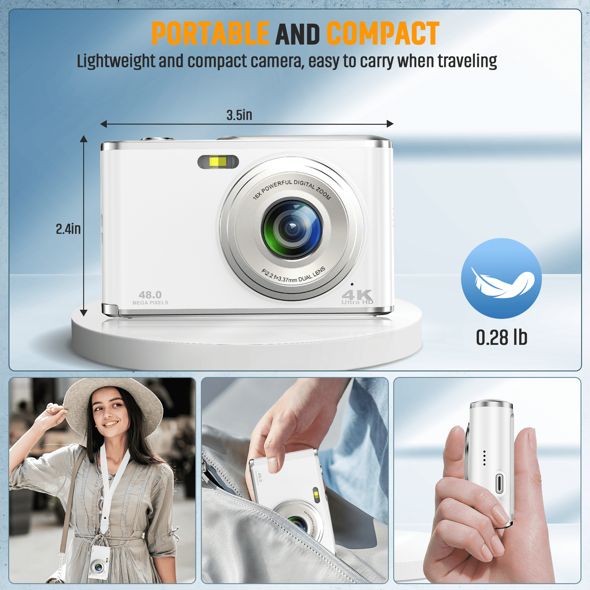 4K 48MP Vlogging Camera with 2.8" Screen, Autofocus & 16X Zoom, Front/Rear Cameras, 32GB TF Card Included, Portable for Travel (White)
