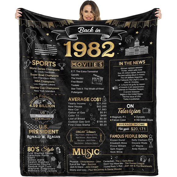 Happy 40th Birthday Gifts for Men Women Blanket 1982 40th Birthday Decorations 40 Years Old Gift for Husband Wife Dad Mom Brother Sister Back in 1982 Flannel Throw Blanket for Bed Sofa 60x50 Inches