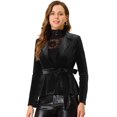 thumbnail image 1 of Chaqueta tipo blazer con cuello de solapa y cinturón de terciopelo para oficina de trabajo para mujer Negro L, 1 of 5