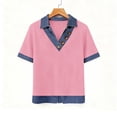 thumbnail image 6 of Dwellite Women's Short Sleeve Shirt with Denim Collar Cuffs Buttons Decor V-Neck Tops Dressy Casual Office Blouses Pink L, 6 of 6