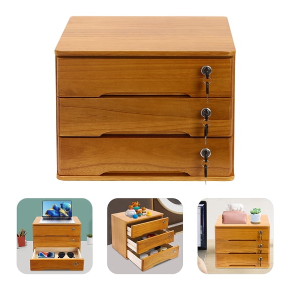 3-Tier Storage Cabinet with Lockable Drawers, Tung Wood Desk Organizer, Desktop Storage Box