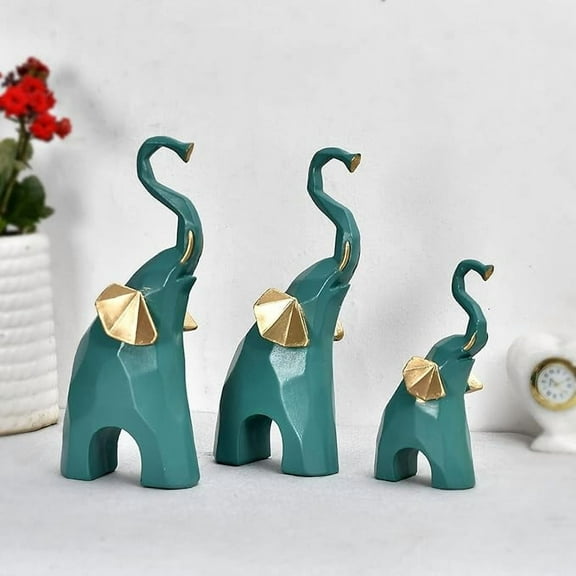 3-Piece Resin Elephant Figurine Set – Teal Green with Golden Accents, Modern Abstract Décor for Home, Office & Gifting