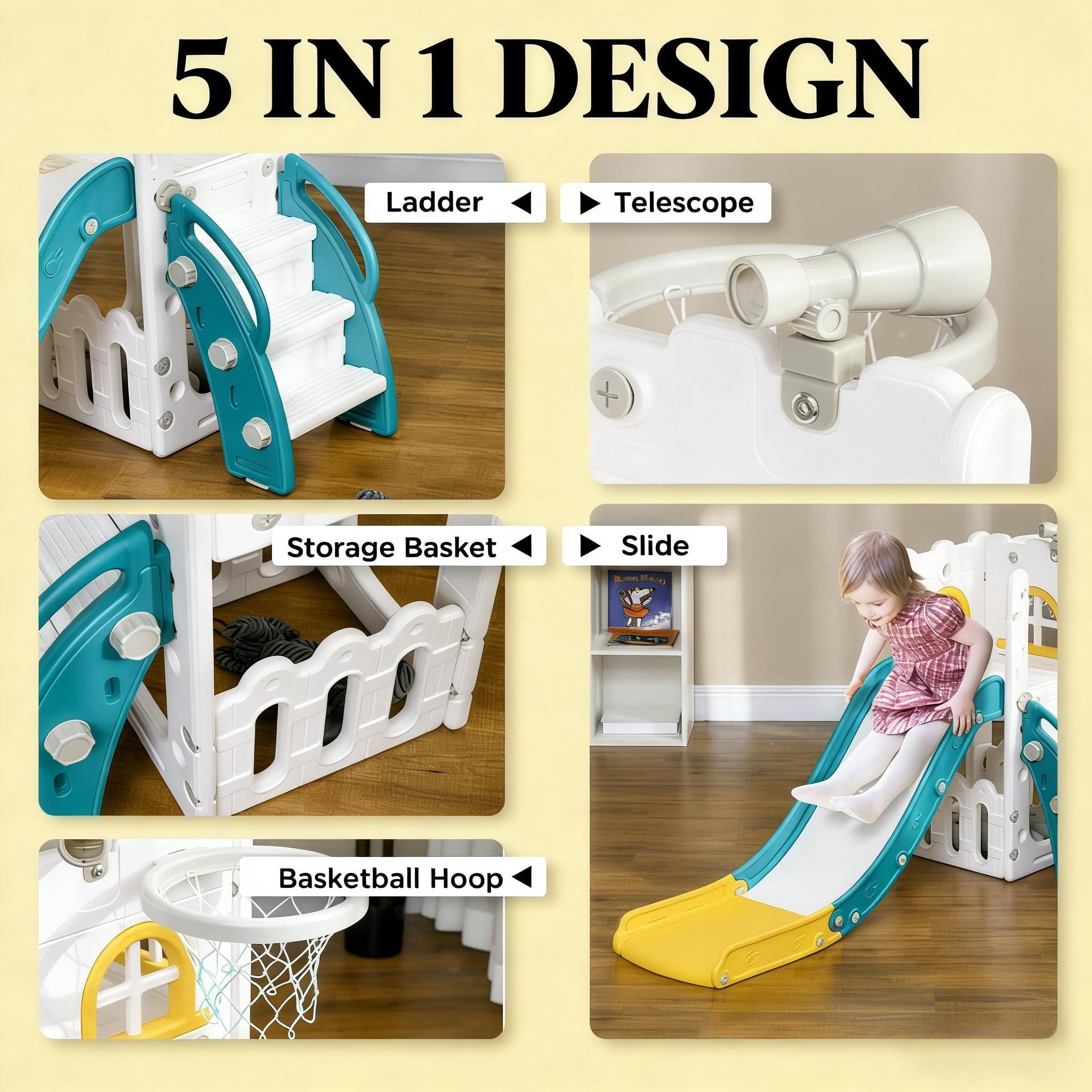 5-in-1 Toddler Slide with Basketball Hoop, Kids Play Climber with Telescope & Storage Basket, Non-Slip Steps, HDPE Play Equipment for 1-3 Years Old, Max Load 66 lbs