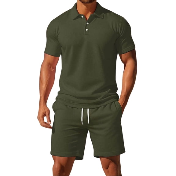 CONFREE Mens 2 Peice Shorts Sets Casual Men's Summer Outfits Set Solid Buttons Polo Shirts Shorts Beach Vacation Outfits for Men