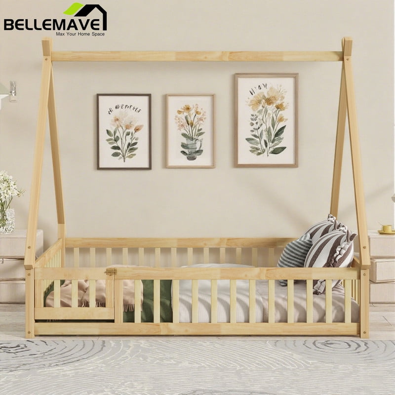 Bellemave Full Size Floor Bed with Door, Teepee Tent Bed Beds, Full Montessori Floor Bed with Guardrails, Wood House Bed with Slats, Natural