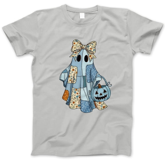 Patchwork Ghost Halloween T-Shirt, Cute Quilt Style Ghost with Bow and Pumpkin Bucket Tee, Spooky Season Shirt, Cozy Fall Aesthetic Gift