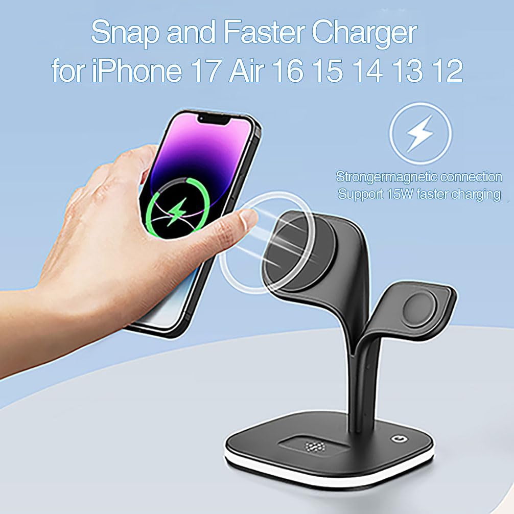 NexTone Charging Station for Magsafe Charger,Charging Station for Multiple Devices,Wireless Charger for iPhone 17 Air 16 15 14 13 12,Apple Watch,AirPods with LED(Black)