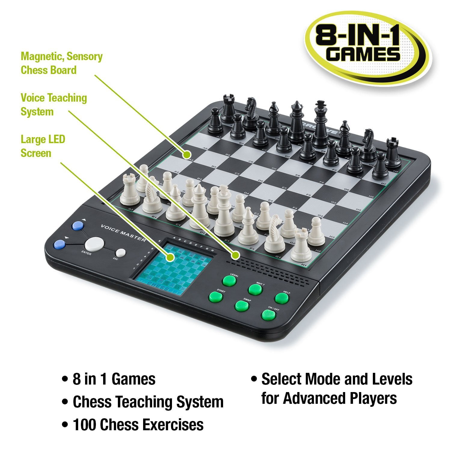  Electronic Grandmaster Chess Game- Play Opponent, or Multi  Level Computer, Plus Talking Coach & Preset Exercises- Perfect for Kids &  Adults- w 8 Bonus Games (Checkers, Chess, 4-in-A-Row) : Toys 