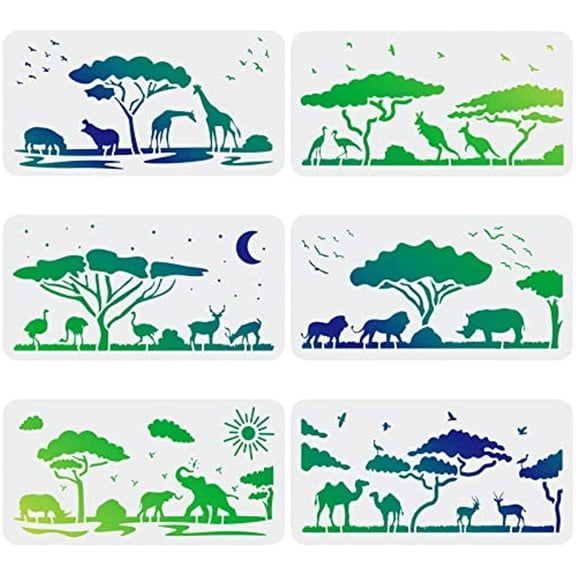 6Pcs Animals Stencils Template 5.9x11.8 inch Plastic Wild Animals Drawing Stencils Lion Giraffe Elephant Rhino Reusable Stencils