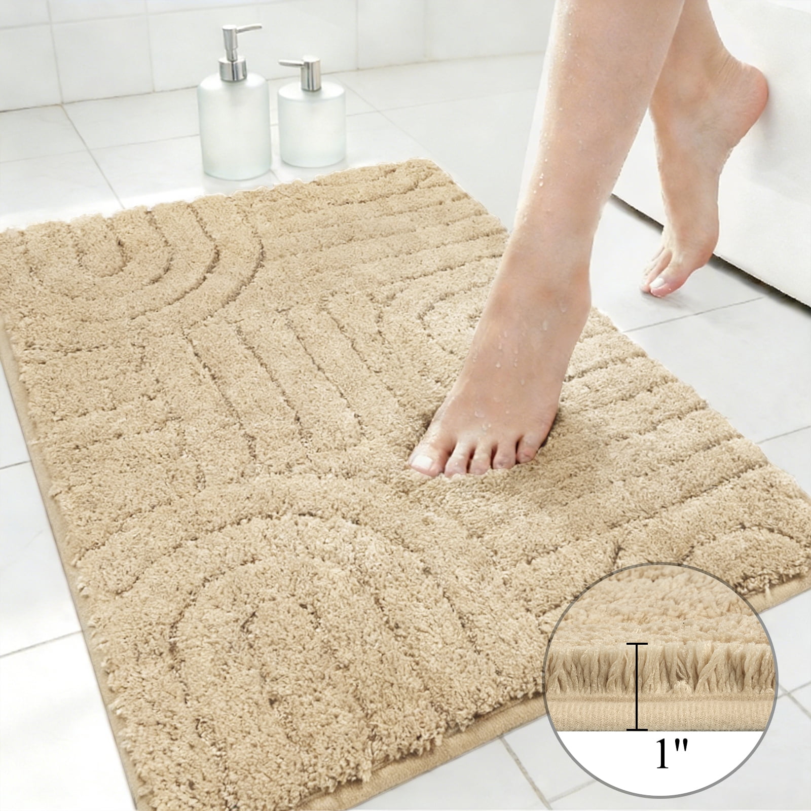 Aonewoe Bathroom Rug Set 3 Piece Microfiber Water Absorbent Bath Mats Washable Non Slip Bath and Toilet Rug Set for Shower Floor（Beige）
