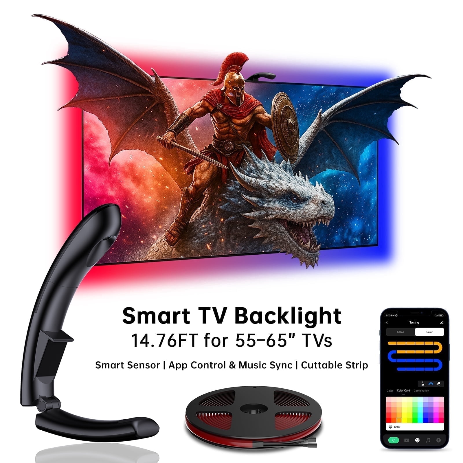 Froura TV LED Backlight Strip for 55-65” TVs and PC,14.76 FT Cuttable Rgb Strip with Smart Screen Sync Sensor, App Control, Music Mode ,Color Changing Lights that Sync with TV for Movies,Gaming