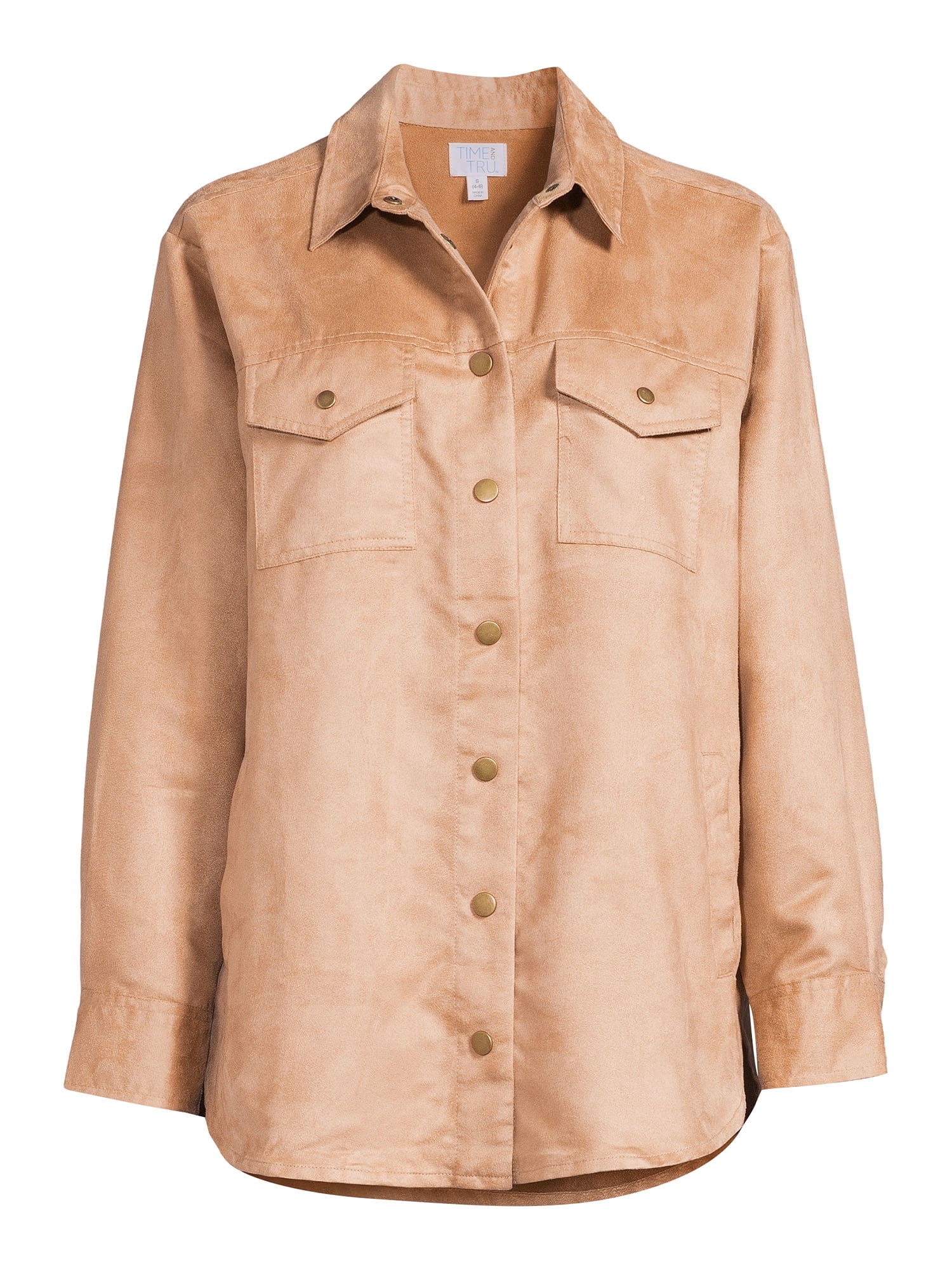 Time and Tru Women's Faux Suede Shacket with Snaps, Sizes XS-XXXL
