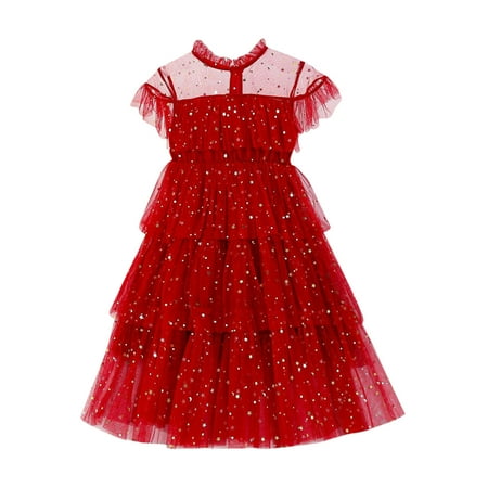 

XIEULQP Summer Dress Toddler Girls Fly Sleeve Star Moon Paillette Princess Dress Dance Party Ruffles Dresses Clothes Flower Girl Dress Red