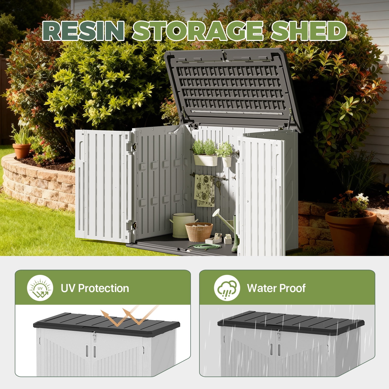 BaPiPro 24 Cu.ft Outdoor Storage Cabinet, Resin Shed with Floor, 4.5'x2.5' Waterproof Plastic Storage for Garden, Backyard, Patio & Garbage Bin
