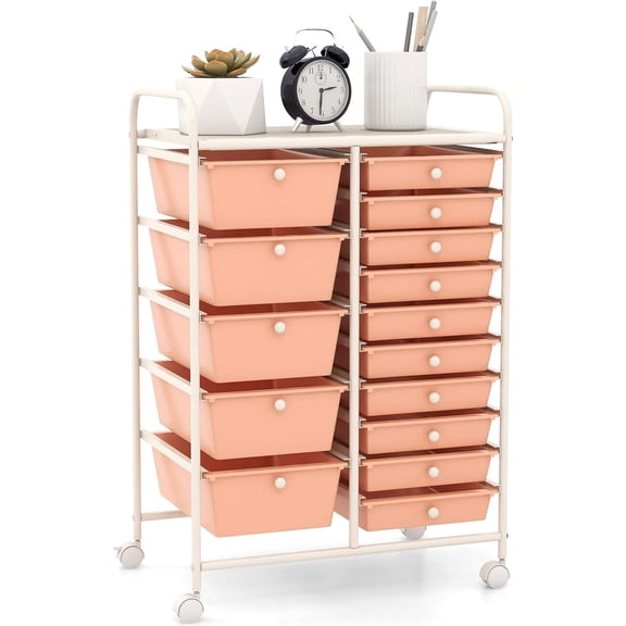 GOFLAME 15-Drawer Rolling Storage Cart, Craft Storage Cart with Removable Drawers & Lockable Wheels, Art Cart Supply Storage Organizer for Home Office Classroom, Peach Fuzz