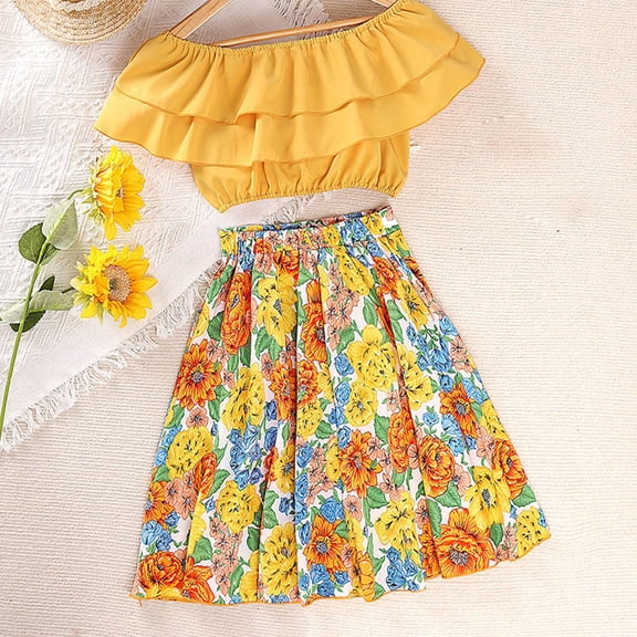 Gubotare Skirt Set for Girl Casual Big Girls Cartoon Tshirt Skirt Sets Girls 2pcs Clothes Sets (Yellow,10-11 Years)