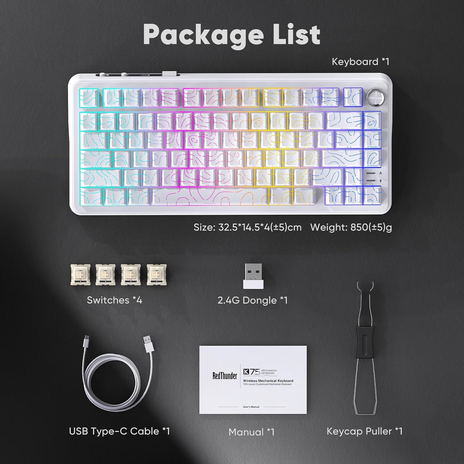 Hot Swappable 75% Wireless Mechanical Gaming Keyboard with Knob, RGB Backlit, Linear Switches, Side Engraved PBT Keycaps, Wireless/Wired/BT 5.0, Gradient Gray