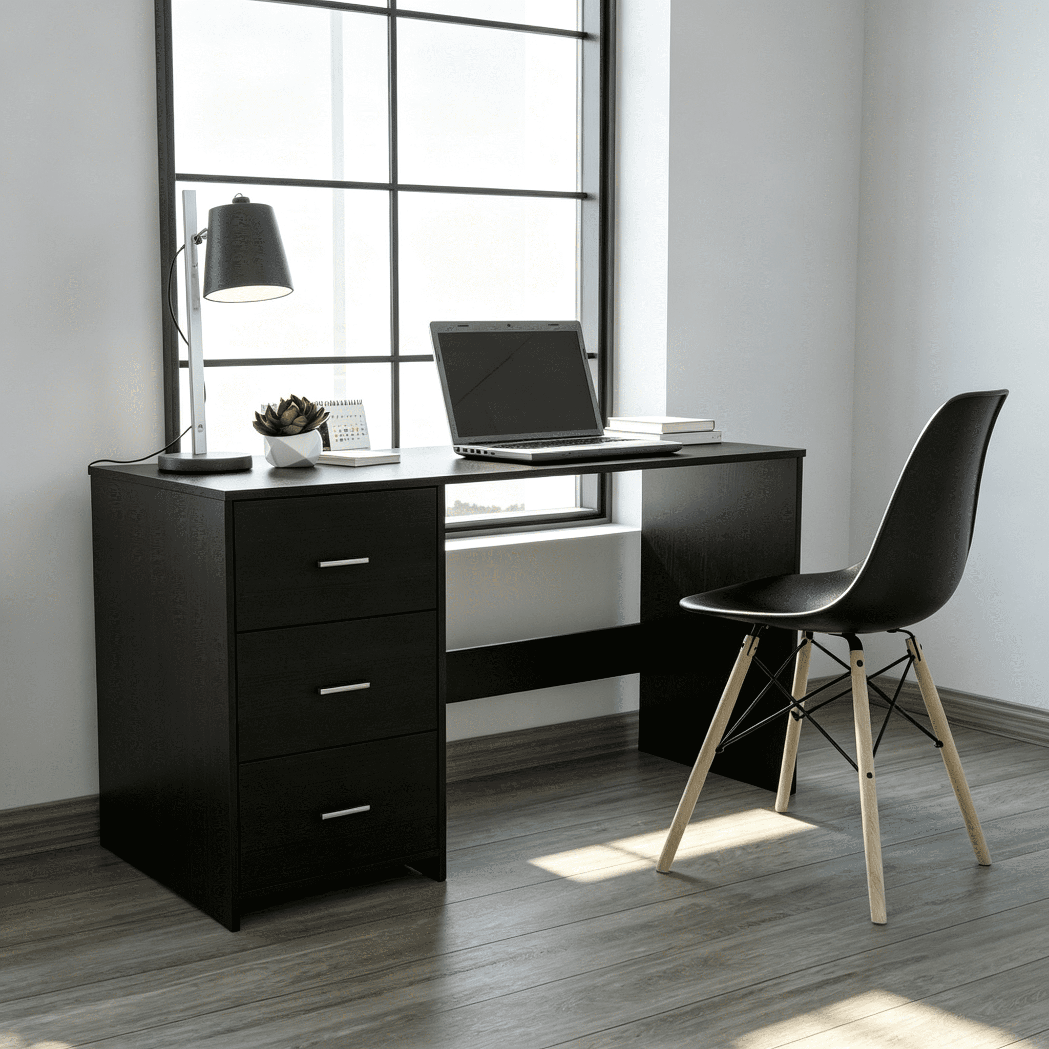 Asteroutdoor Berlin Three Drawers Desk, 47.5 in W, Engineered Wood, Black