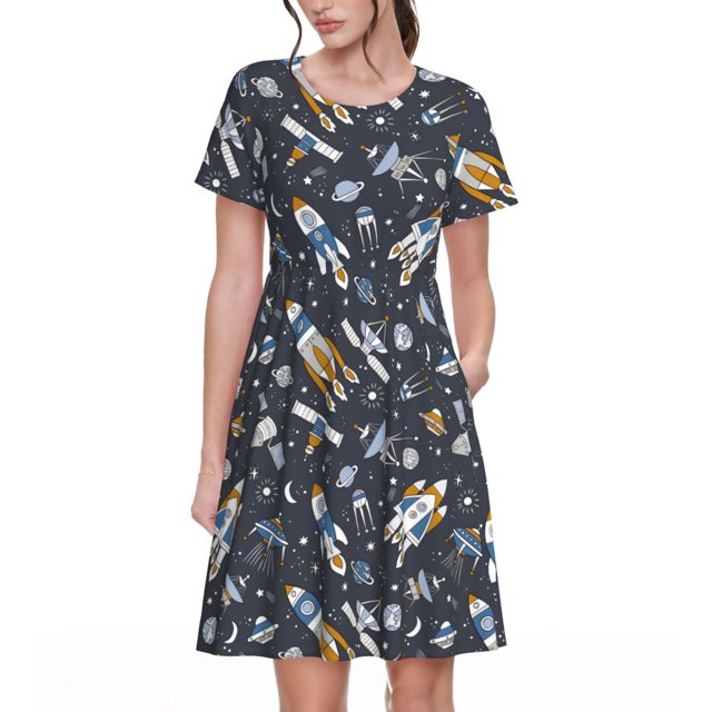 Easygdp Space Cars para Vestido Transpirable de Mujer, Vestido Suelto de Manga Corta con Pliegues y Bolsillos para el Verano