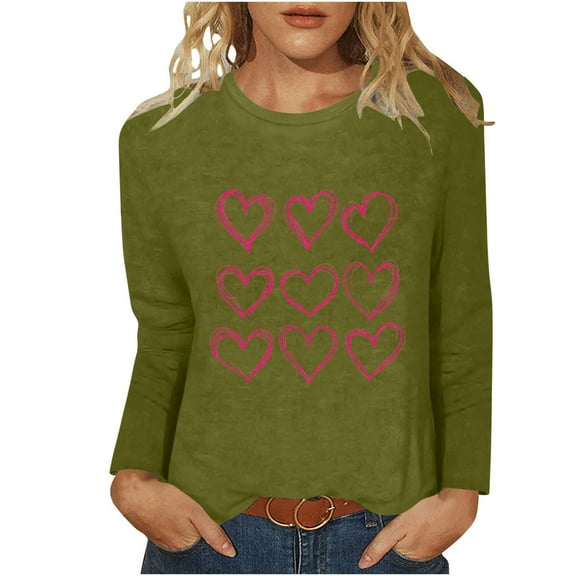 GA WEIHUA Hot Deals 2024 Fall Outfits Fashion Clothes Women Crew Neck Long Sleeve Tops Cute Heart Graphic Tee Loose Fit Top Pullover Tunic Plain Tees Slim Blouses,Army Green,XXL