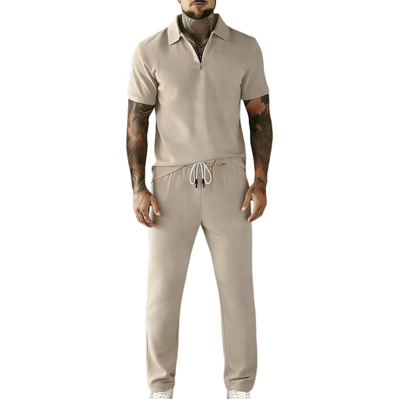 mihongmao Spring Outfits for Men Summer Solid Color Short Sleeve Casual Zipper Top Elastic Waist Drawstring Pocket Pants Set Khaki 3X