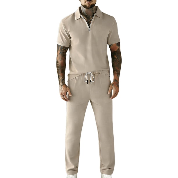 Pantalones de Cintura Elástica para Hombre Set Casual de Verano con Cremallera de Manga Corta Y Pantalones de Bolsillo con Cordón con Bolsillos de Cremallera para Hombres