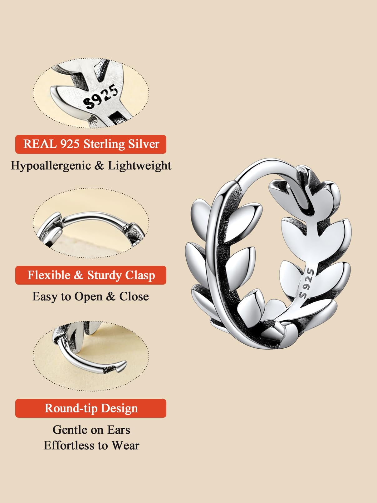 FaithHeart 925 Sterling Silver Leaf Huggie Hoop Earrings for Women Lightweight Dainty Hypoallergenic Small 9mm Cartilage Huggies Silver Earrings Jewelry Gift for Friends Wife Anniversary