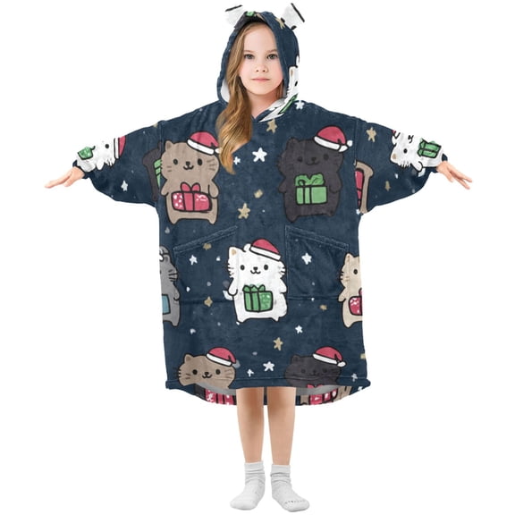Cute Cats Celebrate Christmas Snow Flannel Wearable Blankets Hooded Design Long Sleeves Wrap Unisex for 3T-14Y S