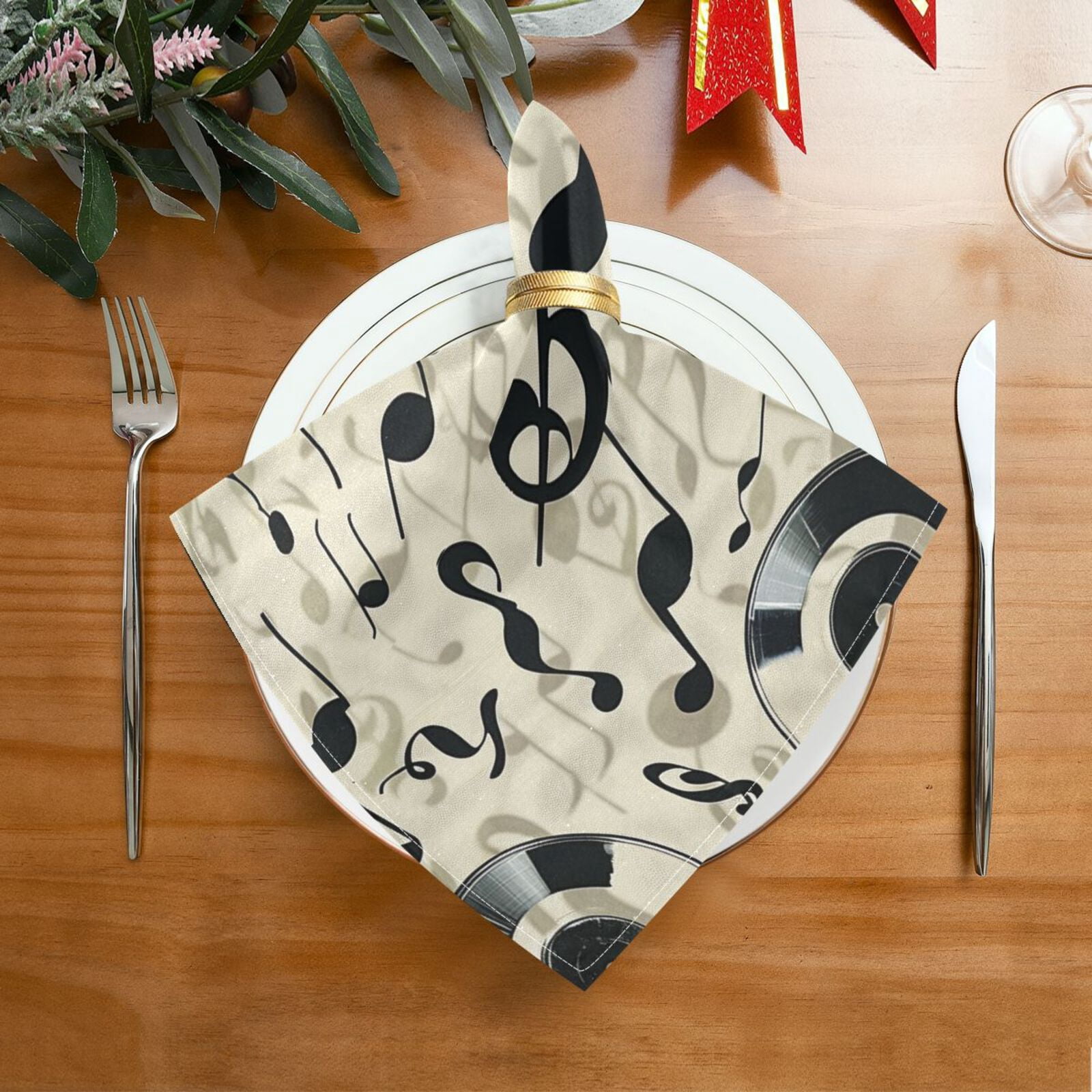 JSTEL Music Notes Record Cloth Napkins Set of 6, 20x20 Inch Washable and Reusable Napkin for Decoupage Dinner Party Everyday Use