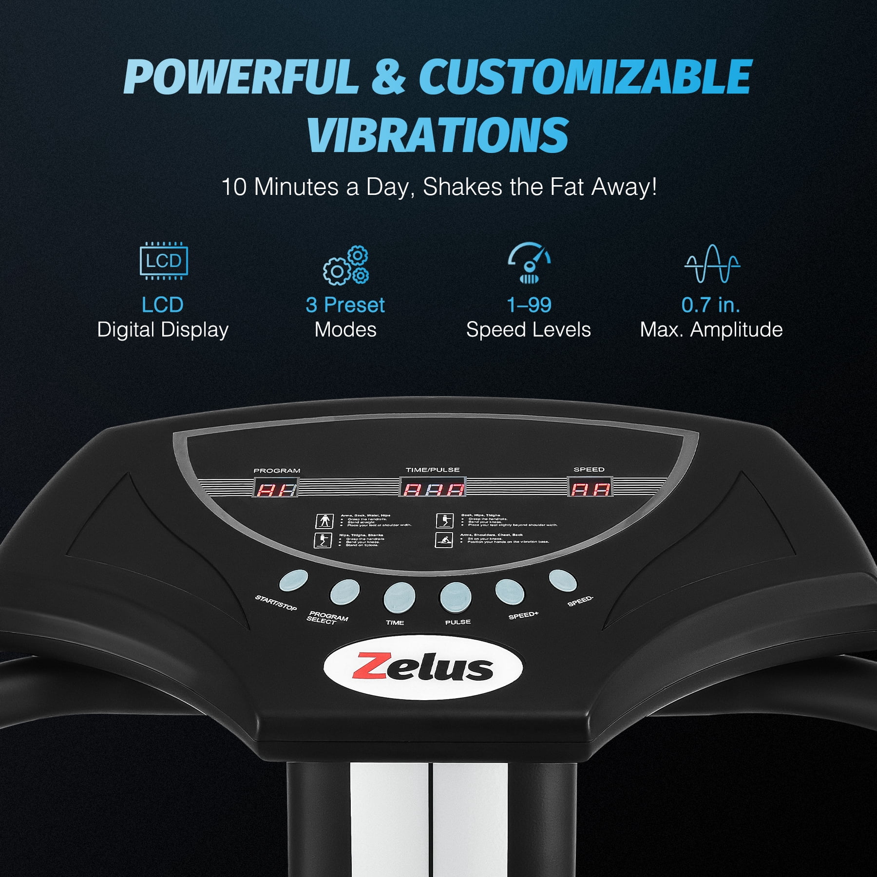 Zelus Whole Body Vibration Plate 500W Exercise Platform 99 Levels Steel Black with Resistance Bands