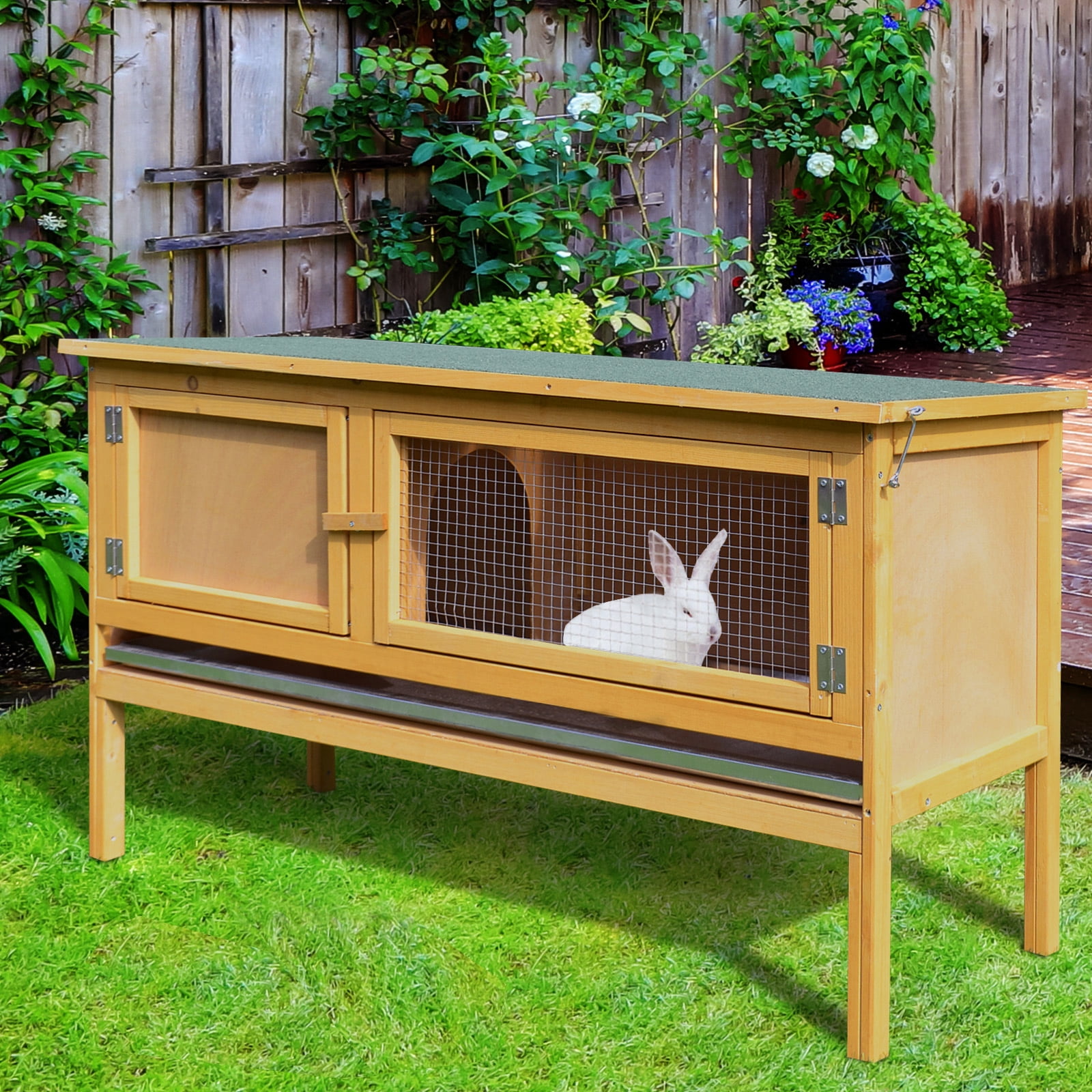 Wooden Rabbit Hutch Bunny Cage with Openable Waterproof Roof, No Leak Tray Sturdy Fir Wood Build for Indoor Outdoor