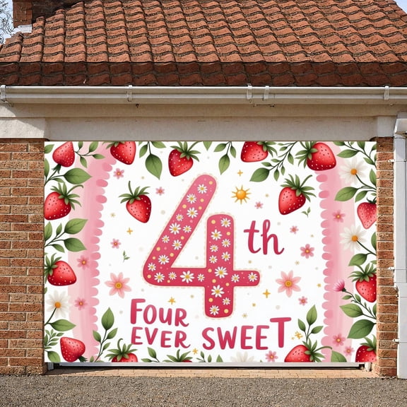 Pink  4th Birthday Banner Strawberry Pattern Sweet Fourth Backdrop Floral Design Daisy Decor Kids Birthday Background for 4th Birthday Party Kids Celebration Photo Shoot