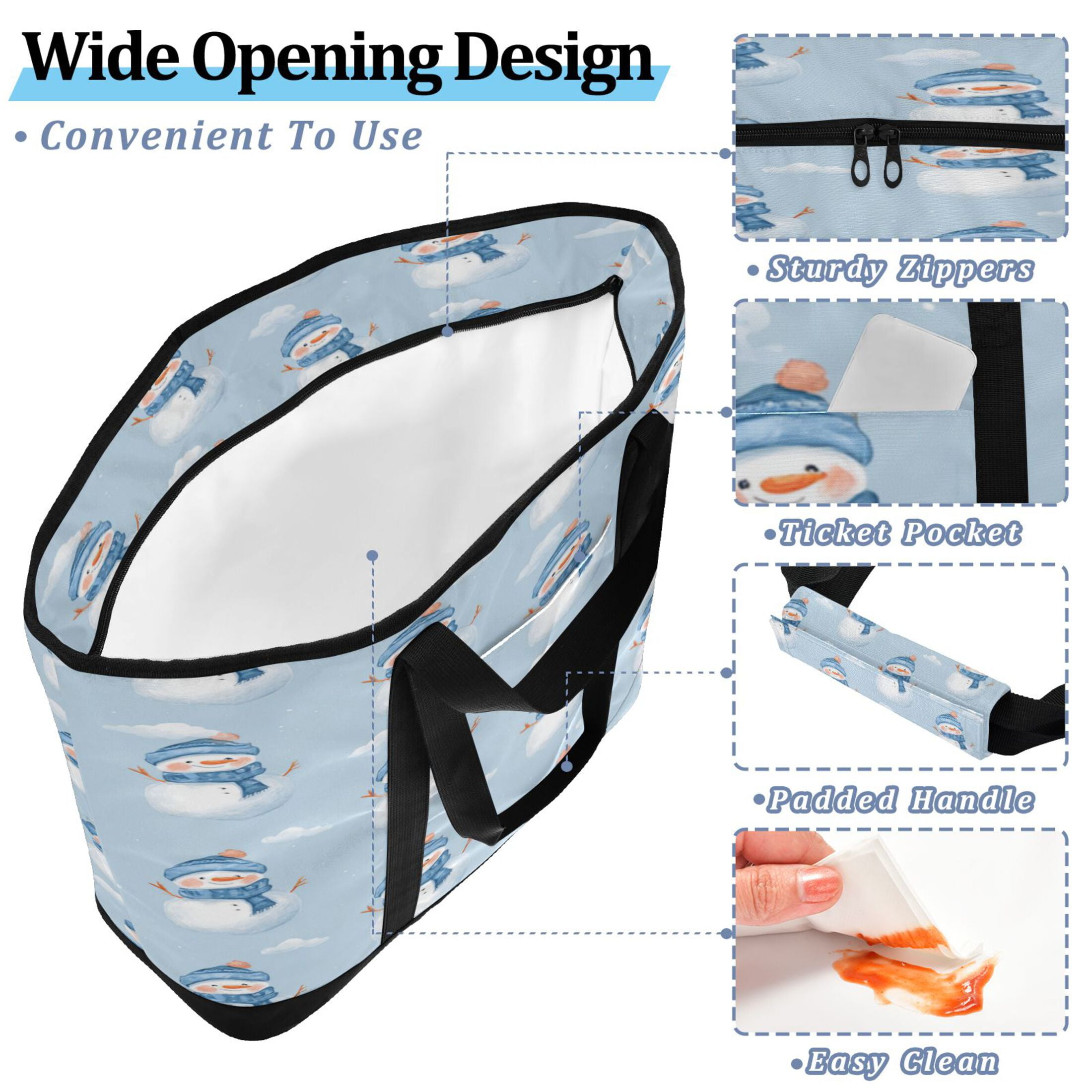 Extra-Large Wide Opening Design Capacity Hand-Held Ice Pack Thickened Insulation Layer For Long-Lasting Cold Retention For Outdoor Shopping Picnics And Camping Blue Scarf Snowmen