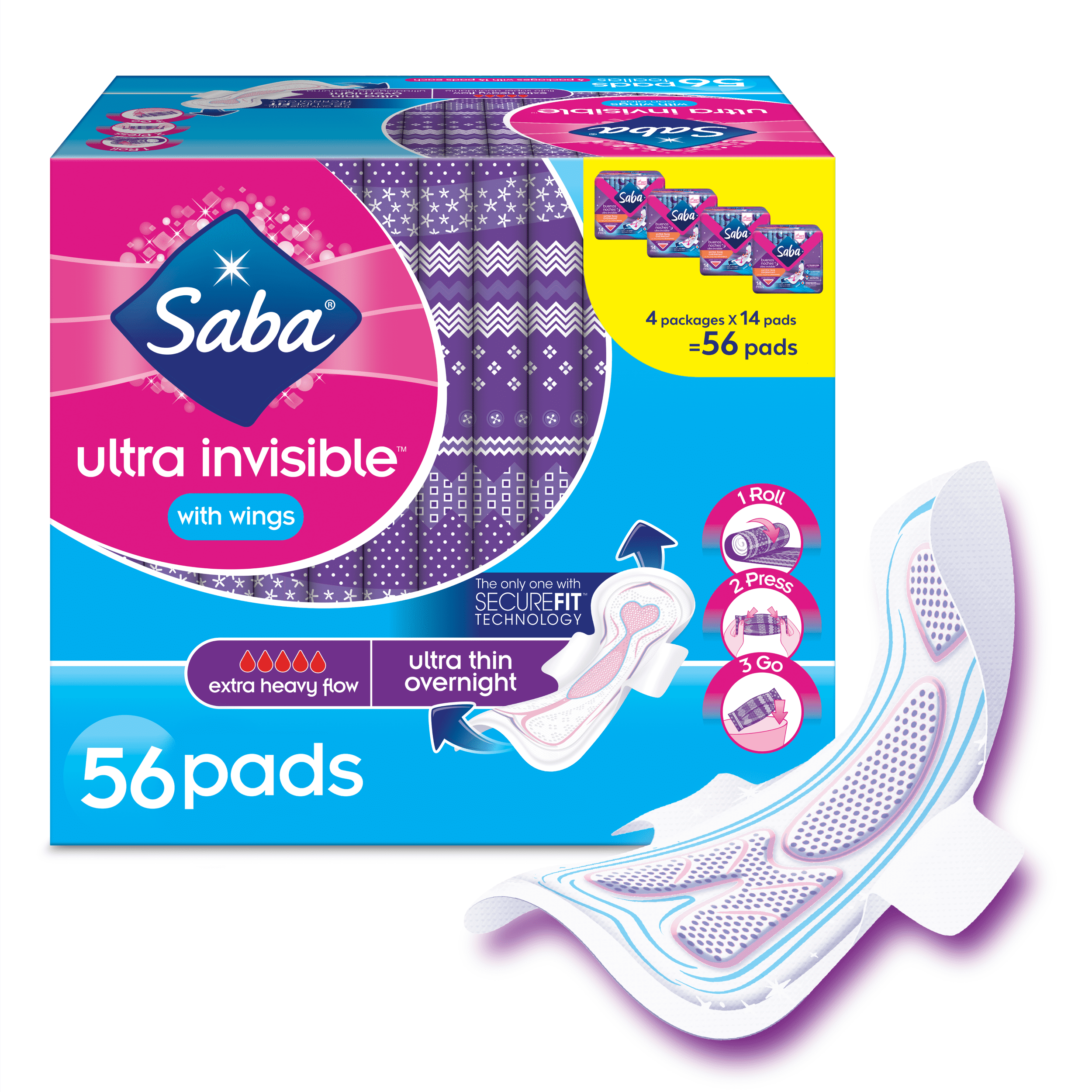 Saba Ultra Thin Overnight Sanitary Pads, SecureFit, Leak