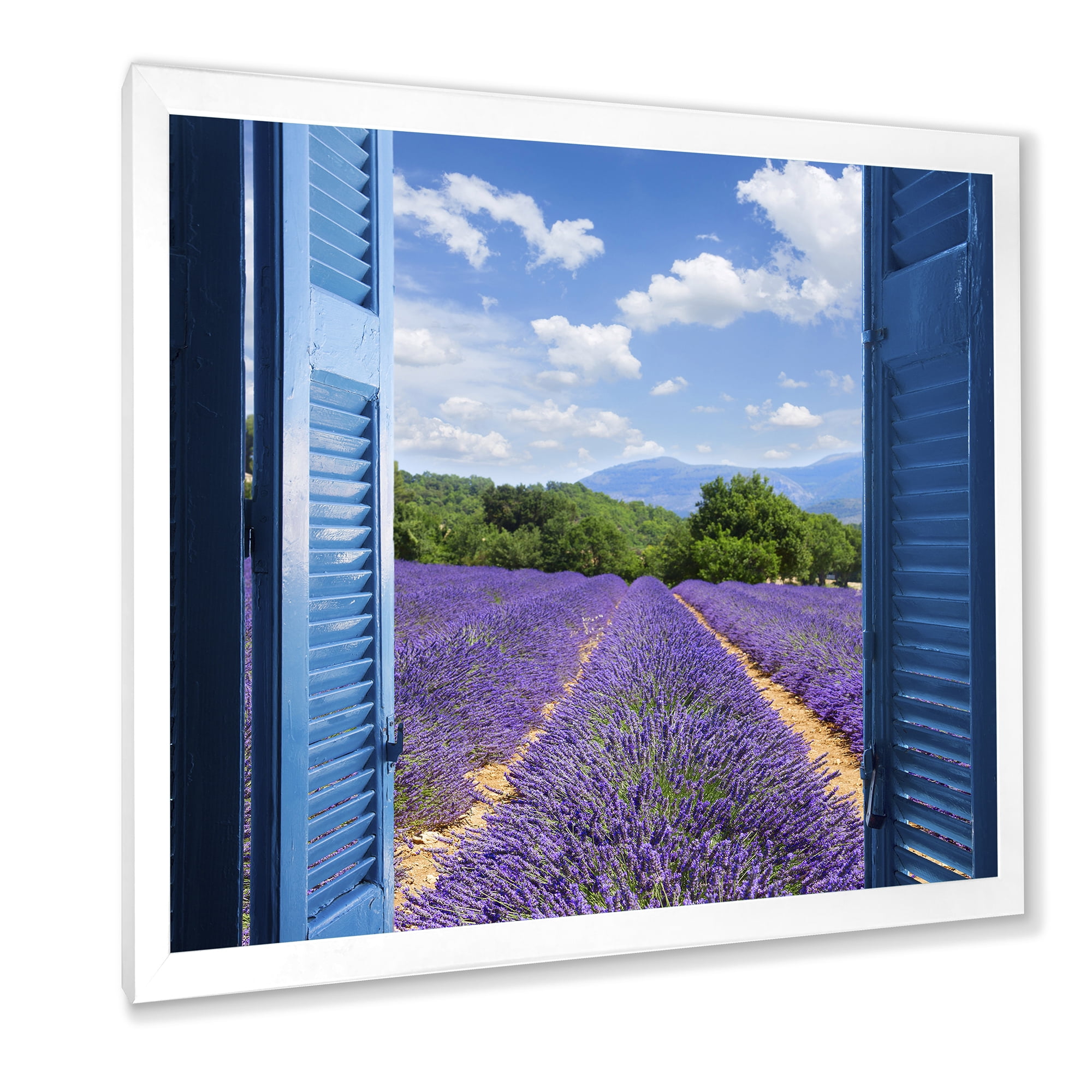 Designart 'View of Lavender Field Through Blue Open Cottage Window' Farmhouse Framed Art Print