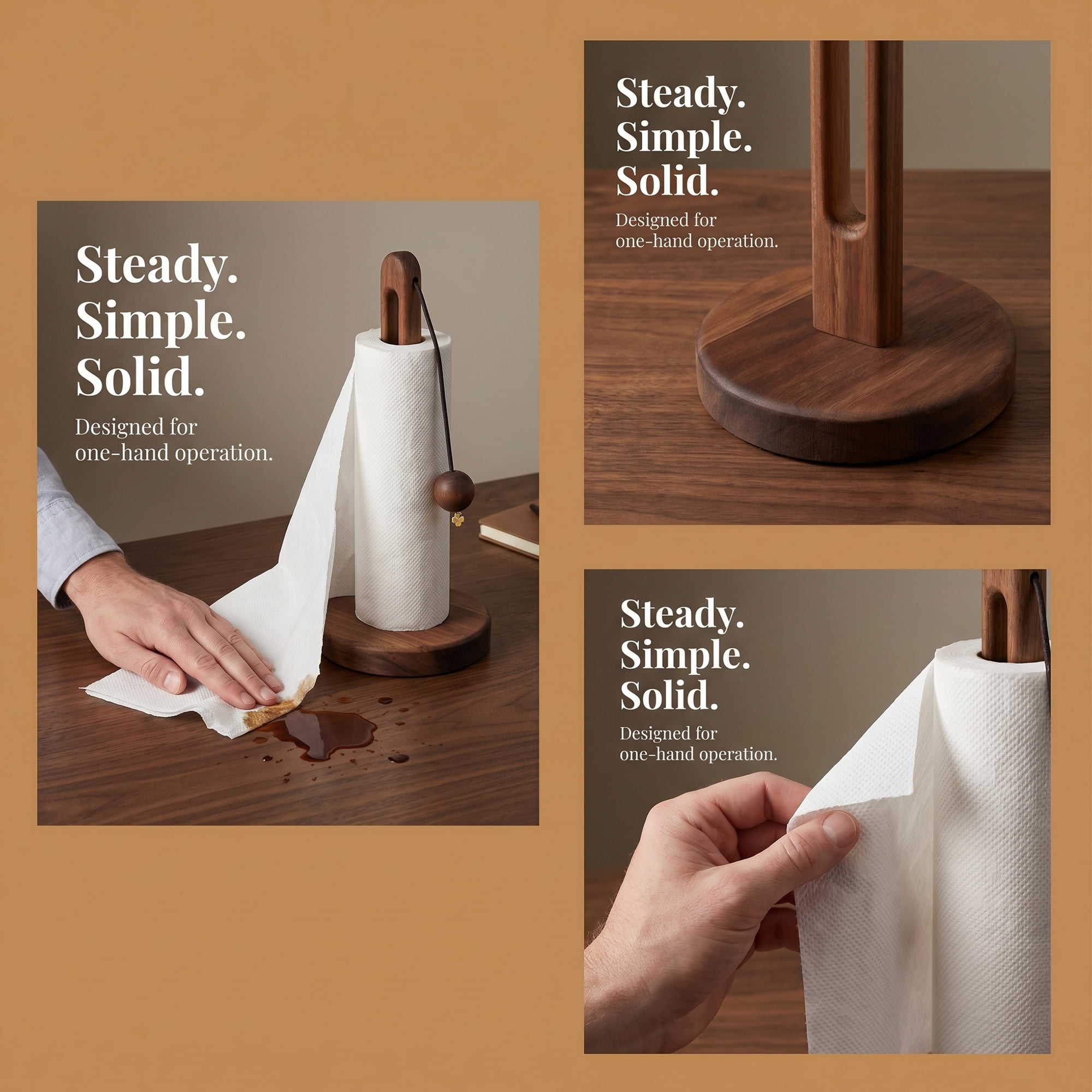 Unique Bargains Paper Towel Holder Countertop Modern Base Wood Dark brown 12.2x5.1inch