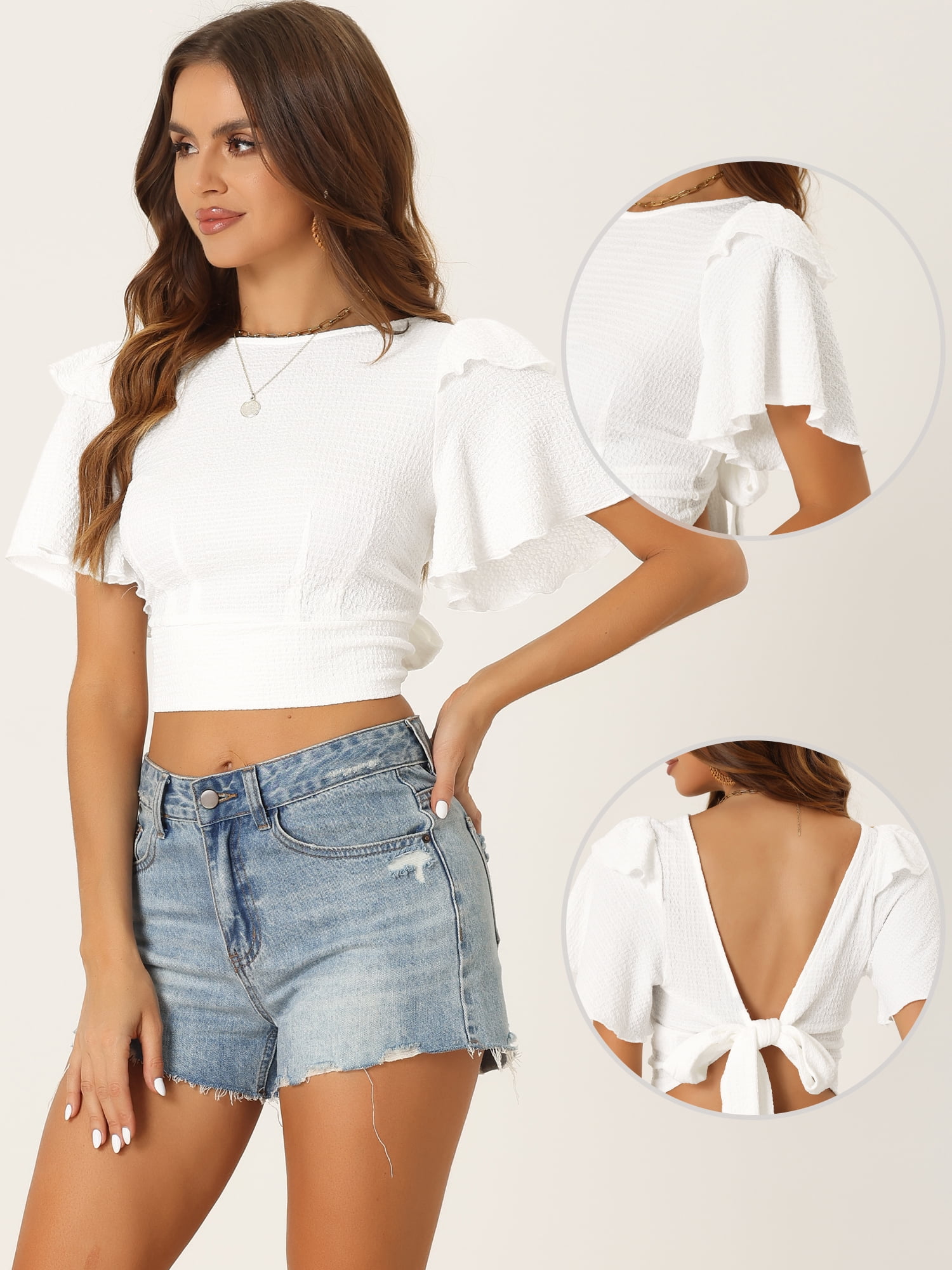 DARING DIVA Changeable Neckline Flutter Sleeve Crop Top XL White