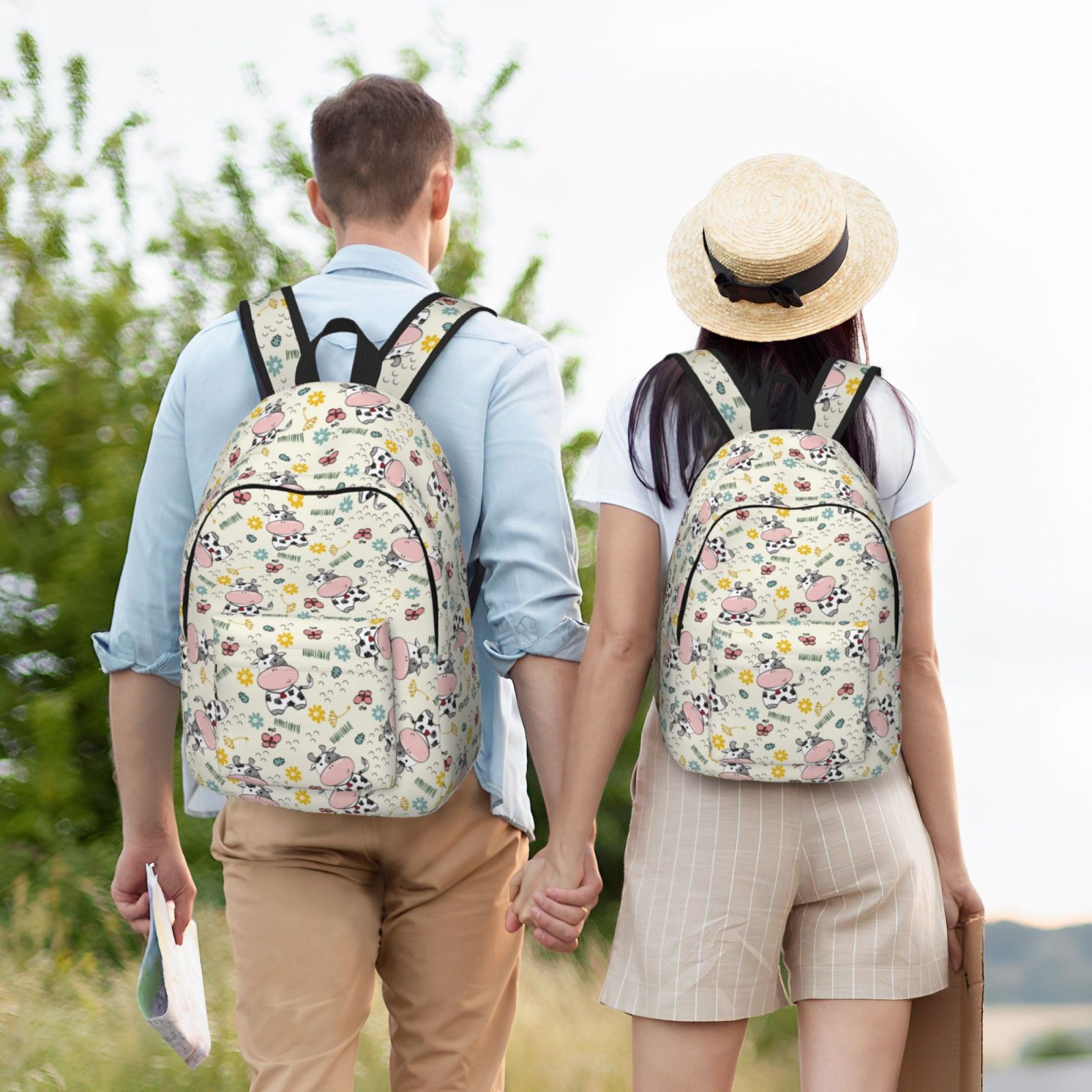 Ratiio Cute Cow Print Canvas Backpack for Women & Men Retro Aesthetic Rucksack Basic Backpack for High School/College Students Travel Laptop Bag